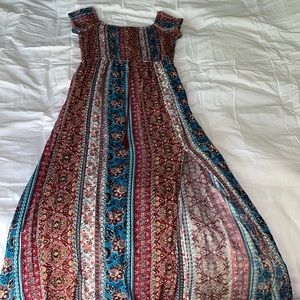 Floor Length Aztec Patterned Dress Front Split